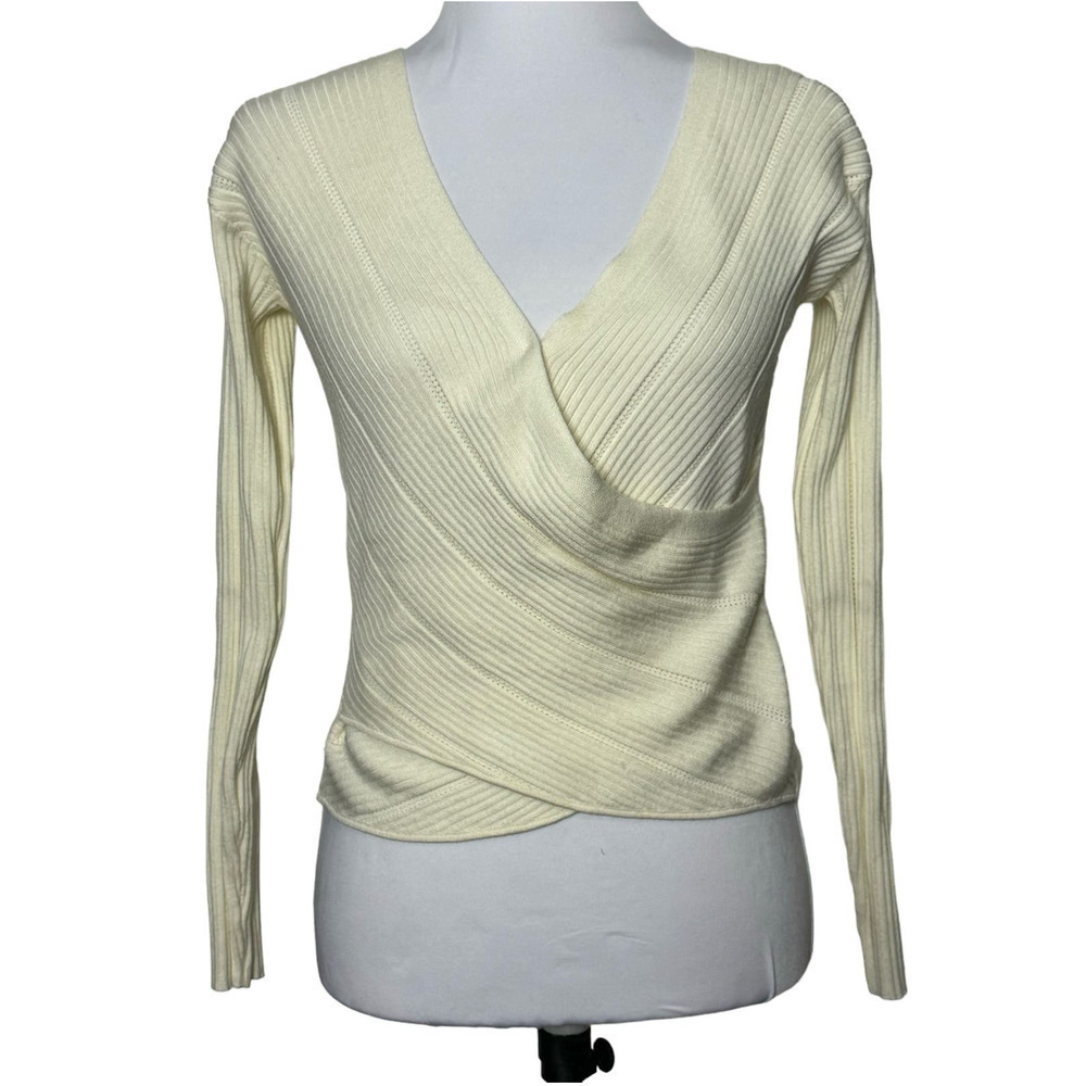 Heartloom Blouse Long Sleeve‎ Top Cream Ivory Cross Front Ribbed Size S